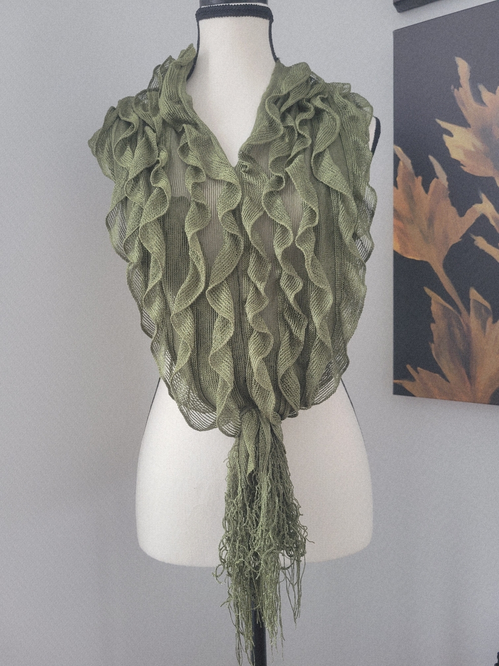 Lightweight Olive Green Ruffle Scarf with Fringe